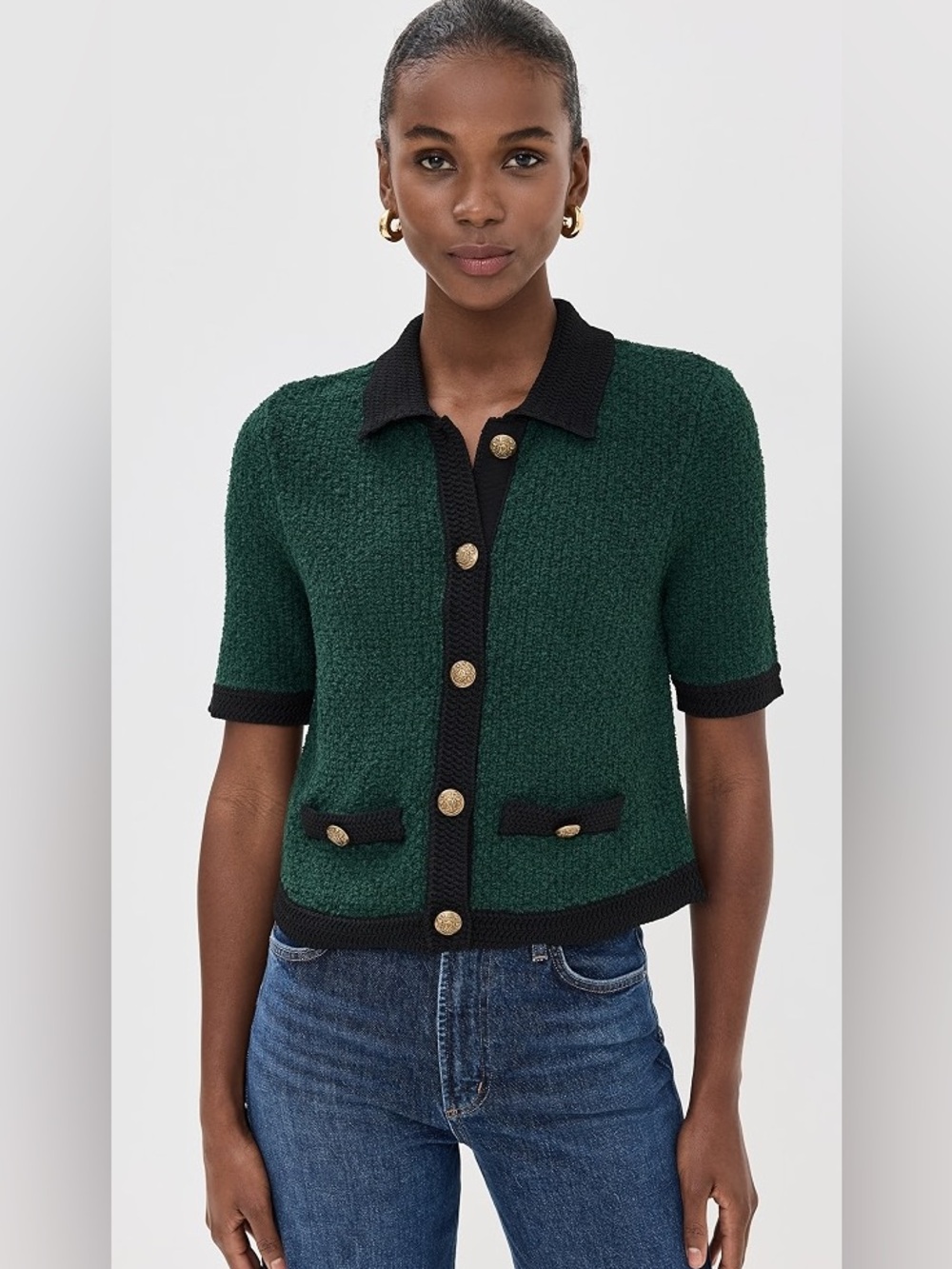 Veronica Beard Marie Short-Sleeve Cardigan In Pine and Black Women’s Small